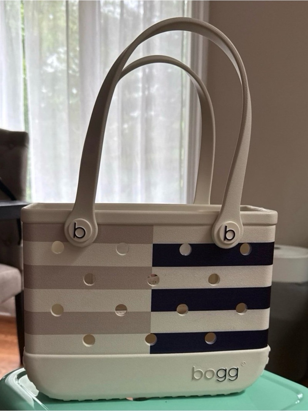 BOGG BAG Striped Tote in Beige, Navy & Cream (BITTY). Comes with clear pouch!